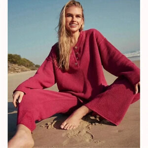 New Free People Hailee Sweater Set Two Piece in Ivory Heather Raspberry Pink